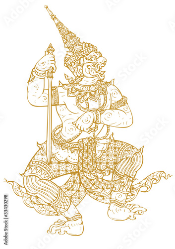 Demon Guardian Traditional Thai art. Lined design Vector templat