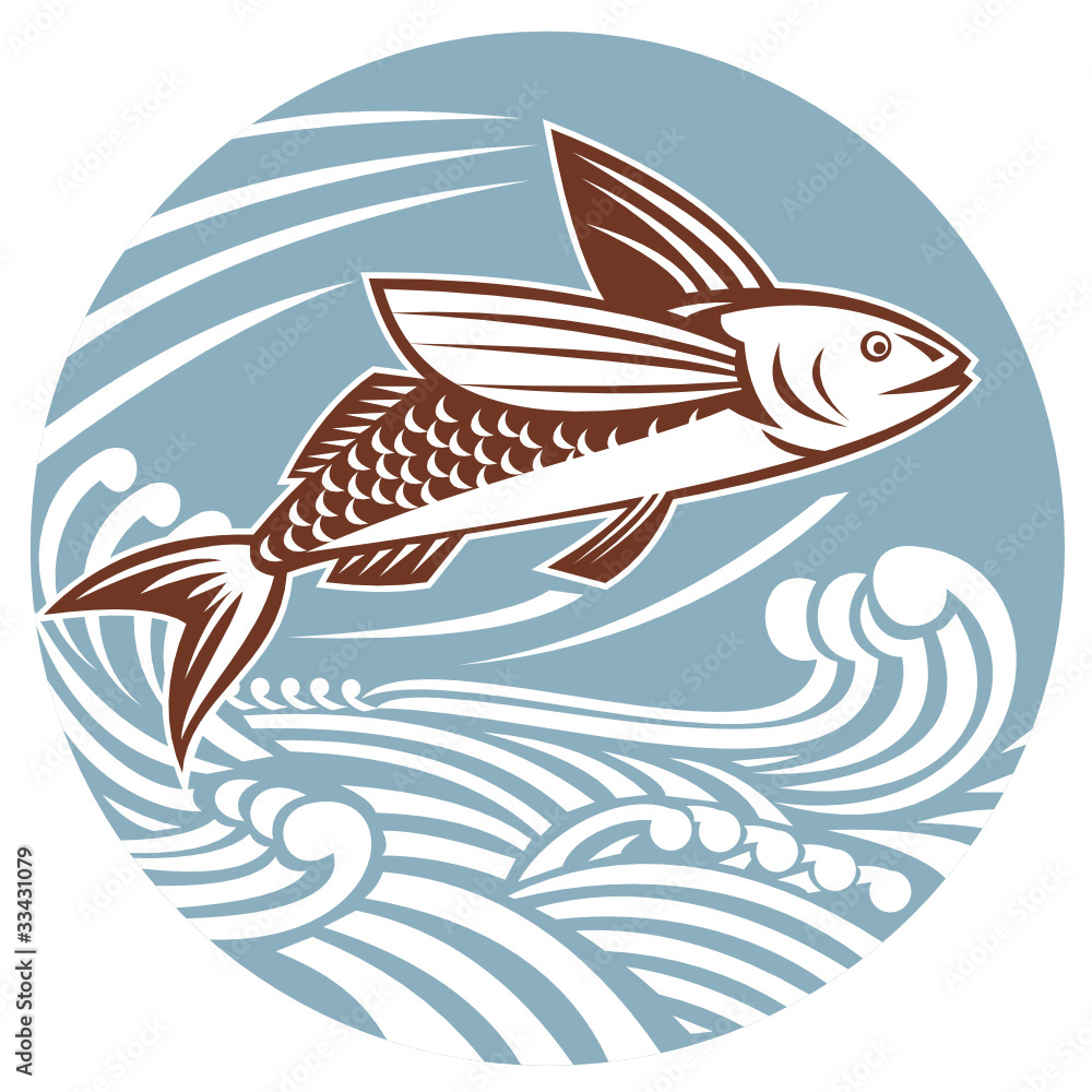 Fish Vector Overhead flying fish at sea with waves Stock Vector | Adobe Stock