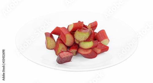 Chopped rhubarb on white plate