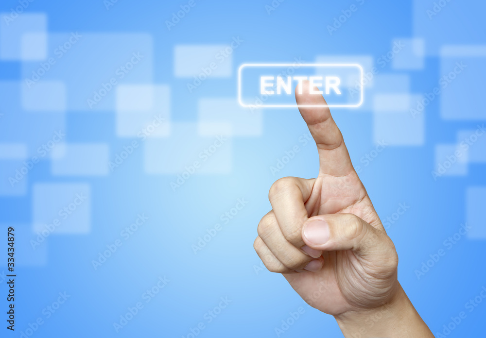 The hand press ENTER button on blue background The hand press ENTER button on blue background