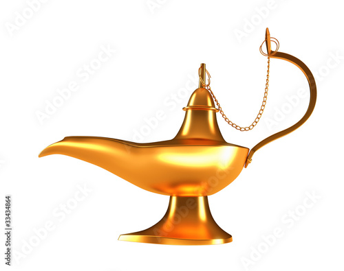 Genie golden lamp isolated on white photo