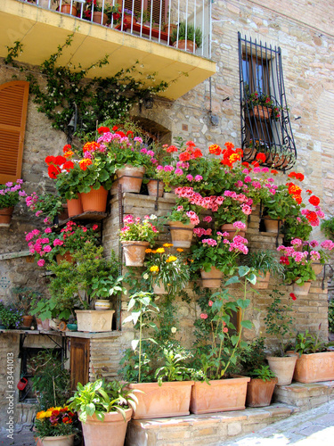 Colorful potted flowers along a medieval stone wall in Italy