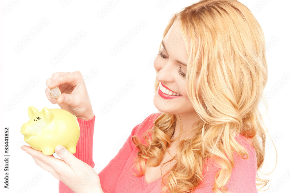 lovely woman with piggy bank and money lovely woman with piggy bank and money