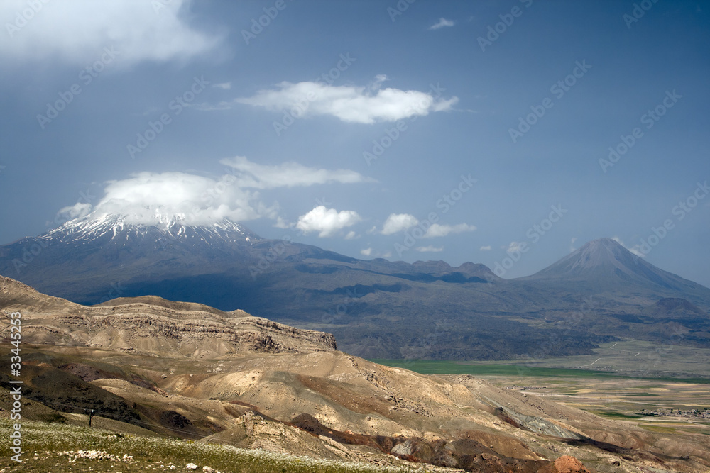 View of snow peaks of Mount Ararat in the clouds