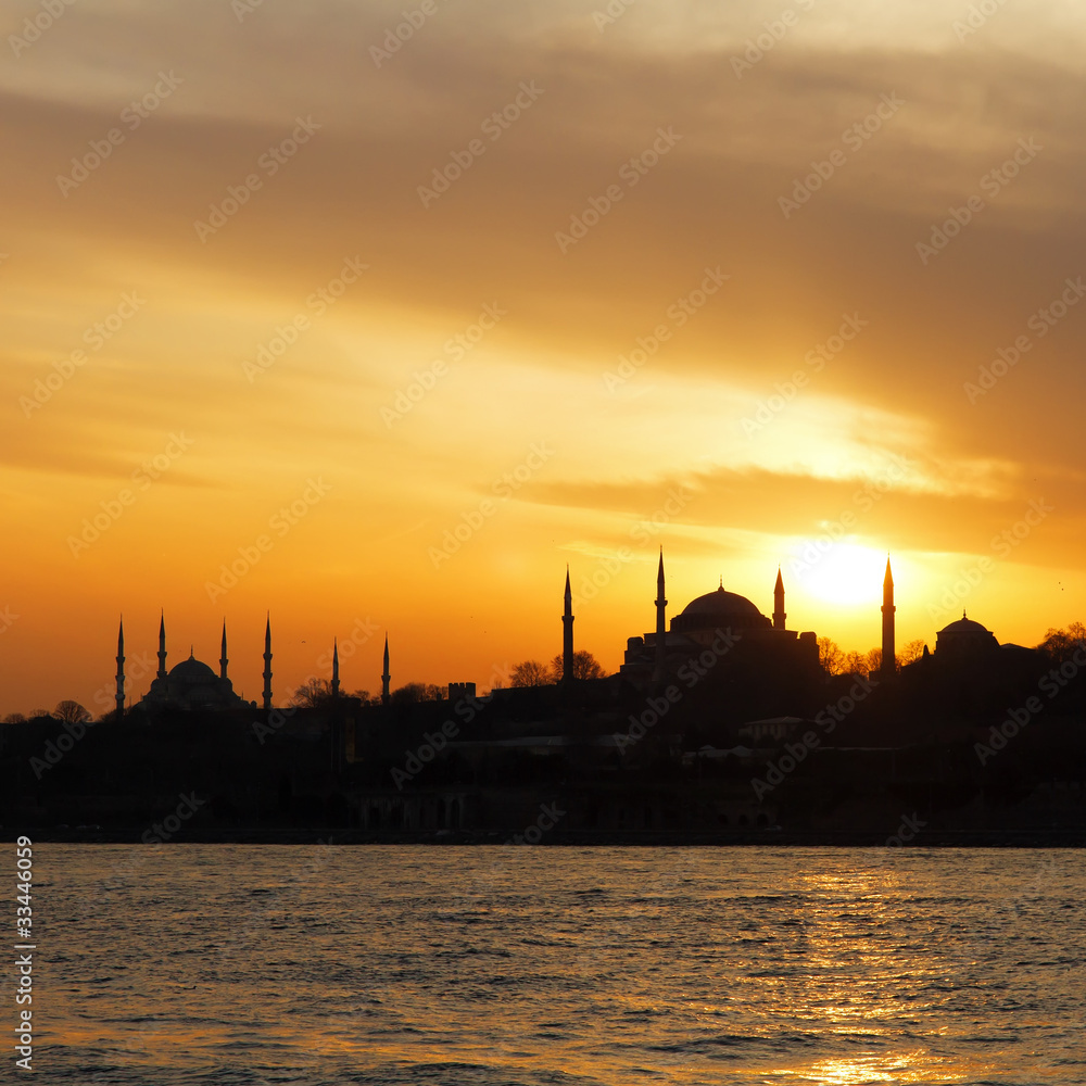 Hagia Sophia and Blue Mosque on sunset in Istanbul