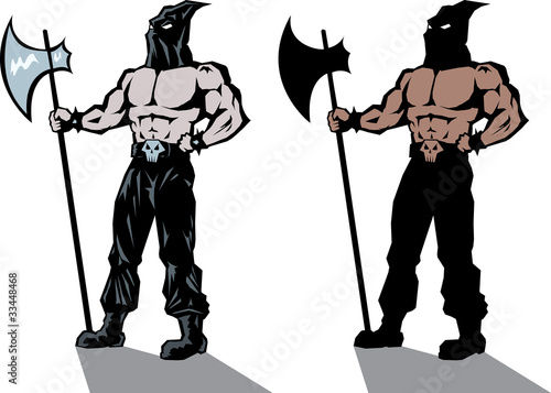 Two versions of a stylized executioner