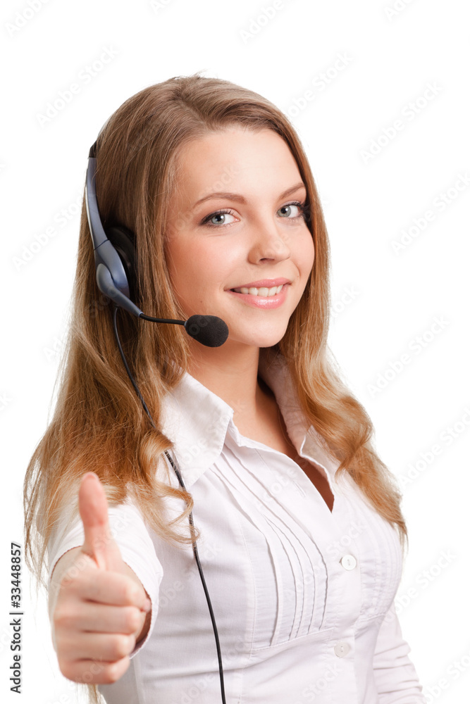 Beautiful young laughing cheerful woman and headphones with mic Beautiful young laughing cheerful woman and headphones with mic