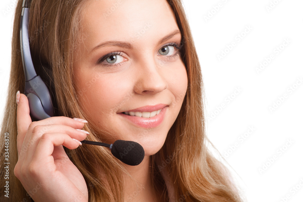 Beautiful young laughing cheerful woman and headphones with mic Beautiful young laughing cheerful woman and headphones with mic