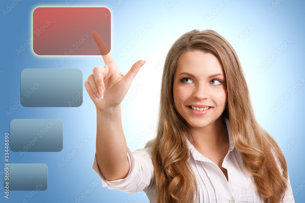 happy successful woman makes the choice of modern technology