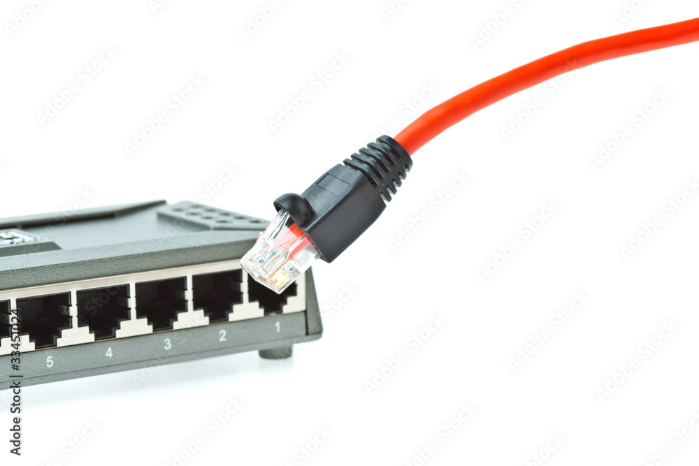 Computer LAN Cables with Router on White Background Computer LAN Cables with Router on White Background