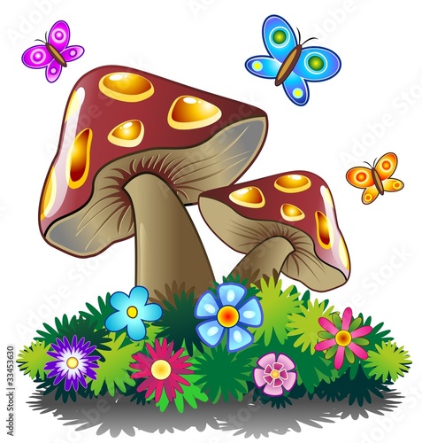 Funghi Primavera e Farfalle-Spring Mushrooms-Vector