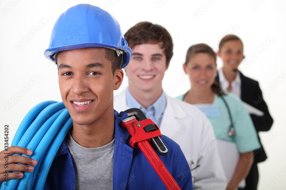 Four workers with different professions Four workers with different professions