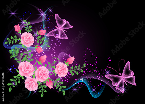 Fototapeta Background with flowers, smoke and butterfly