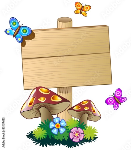 Cartello Legno con Funghi e Farfalle-Spring Wood Panel-Vector