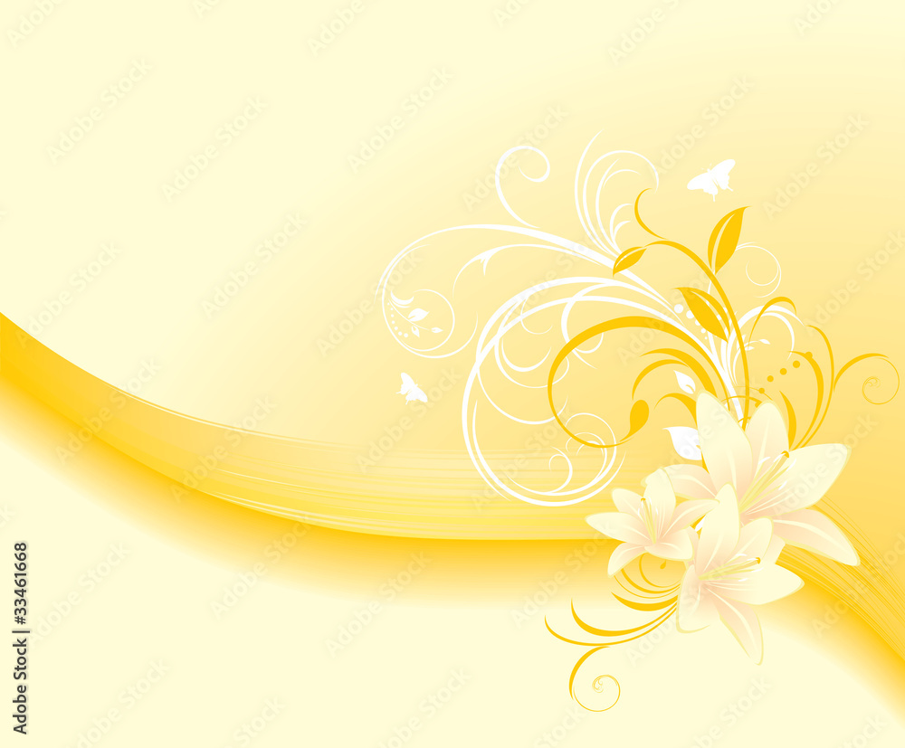 Floral ornament with lilies on the yellow background Floral ornament with lilies on the yellow background