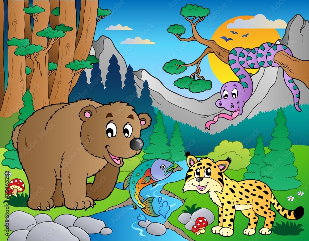 Naklejka premium Forest scene with various animals 9