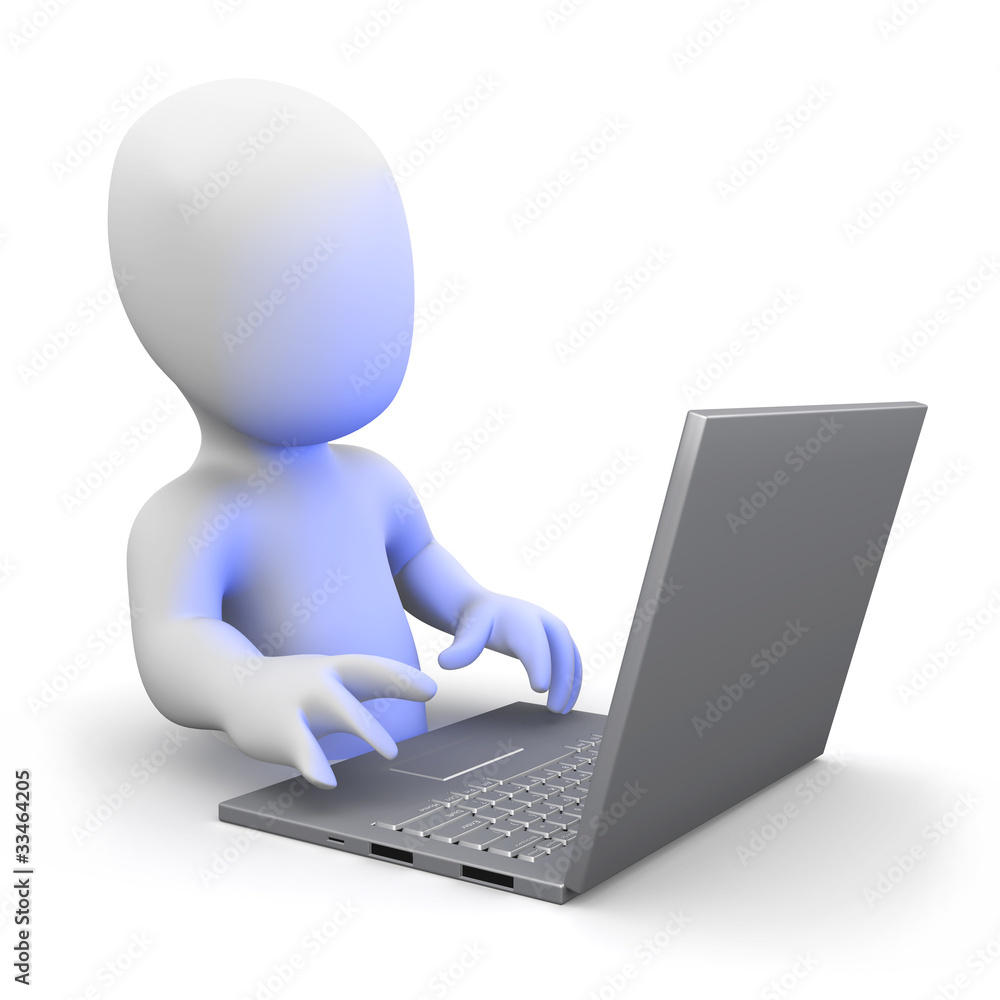 3d Little man busy typing away on his blog 3d Little man busy typing away on his blog