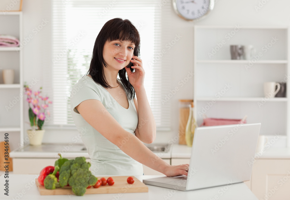 Pretty brunette woman on the phone while relaxing with her lapto Pretty brunette woman on the phone while relaxing with her lapto