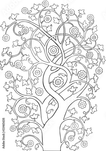 A stylized outline silhouette of a hand drawn vintage style tree