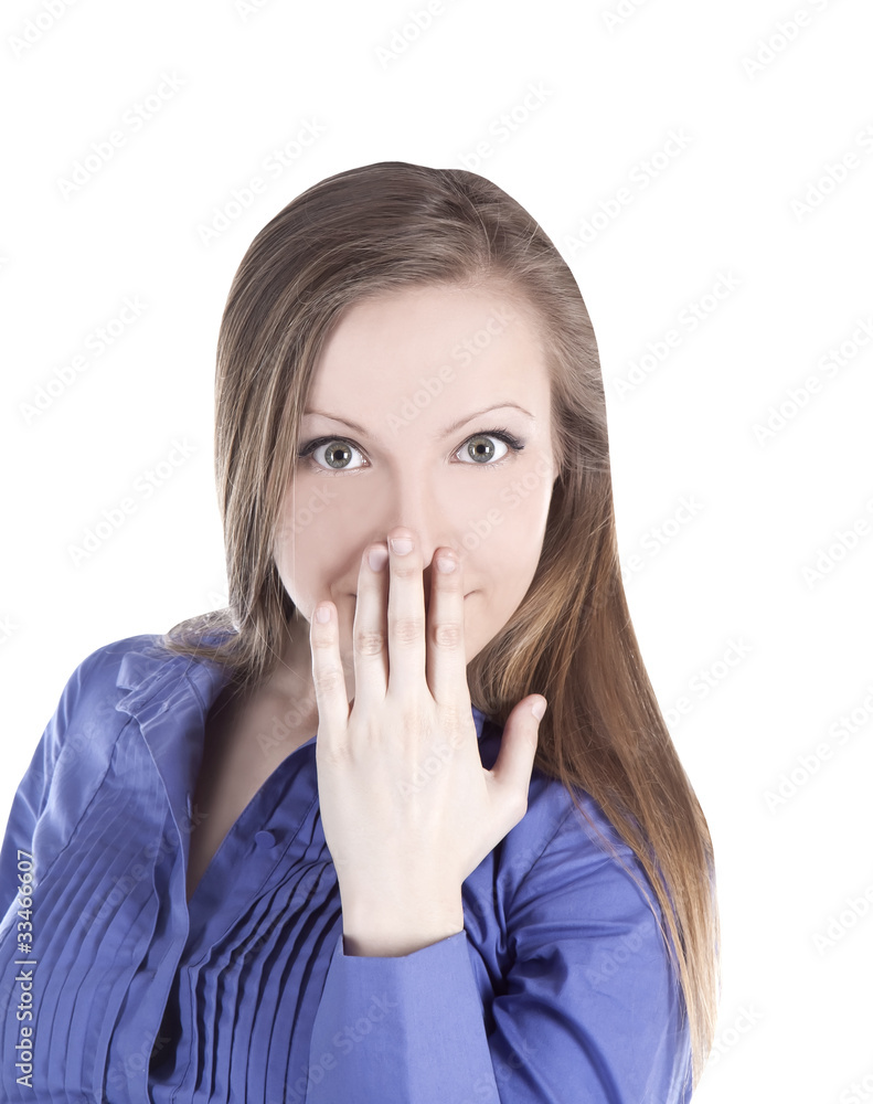 bright picture of young woman with hands over mouth