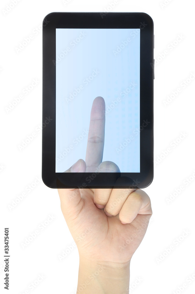 hand pressing touch pad PC isolated on white background hand pressing touch pad PC isolated on white background