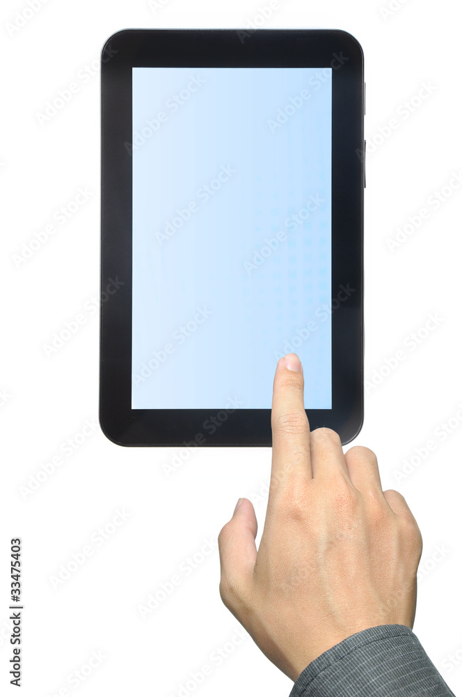 hand pressing touch pad PC isolated on white background hand pressing touch pad PC isolated on white background