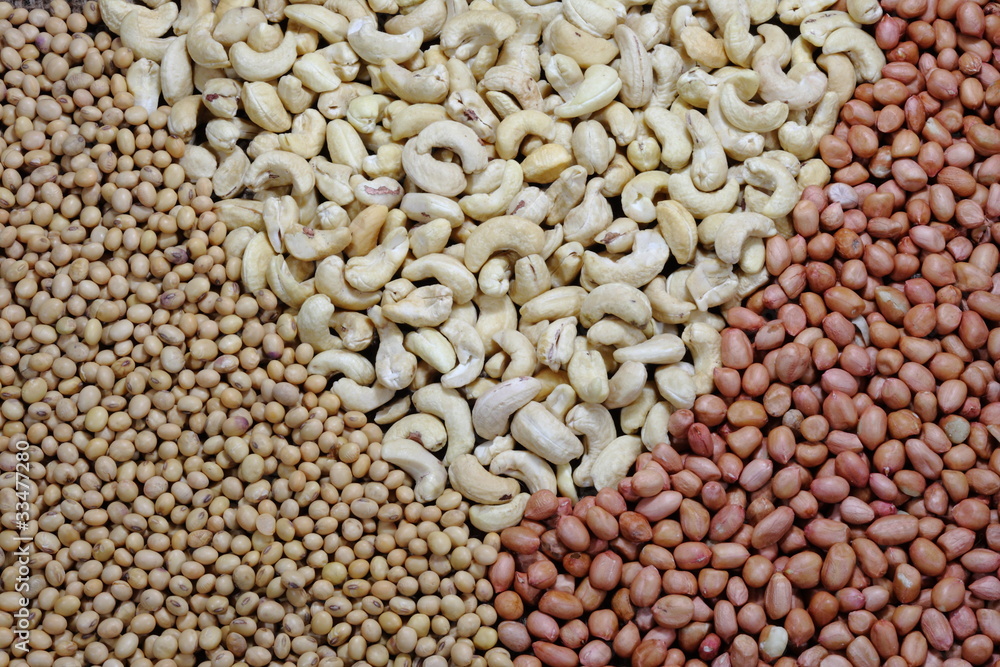 Naklejka premium Cashew nuts,peanuts and soy beans