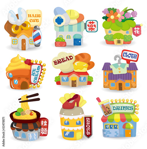 cartoon shop building icon set