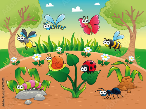 Bugs  with background. Vector illustration, isolated characters.