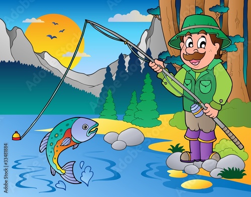 Lake with cartoon fisherman 1