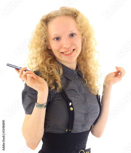 Young Business holding a pen and smiling isolated on a