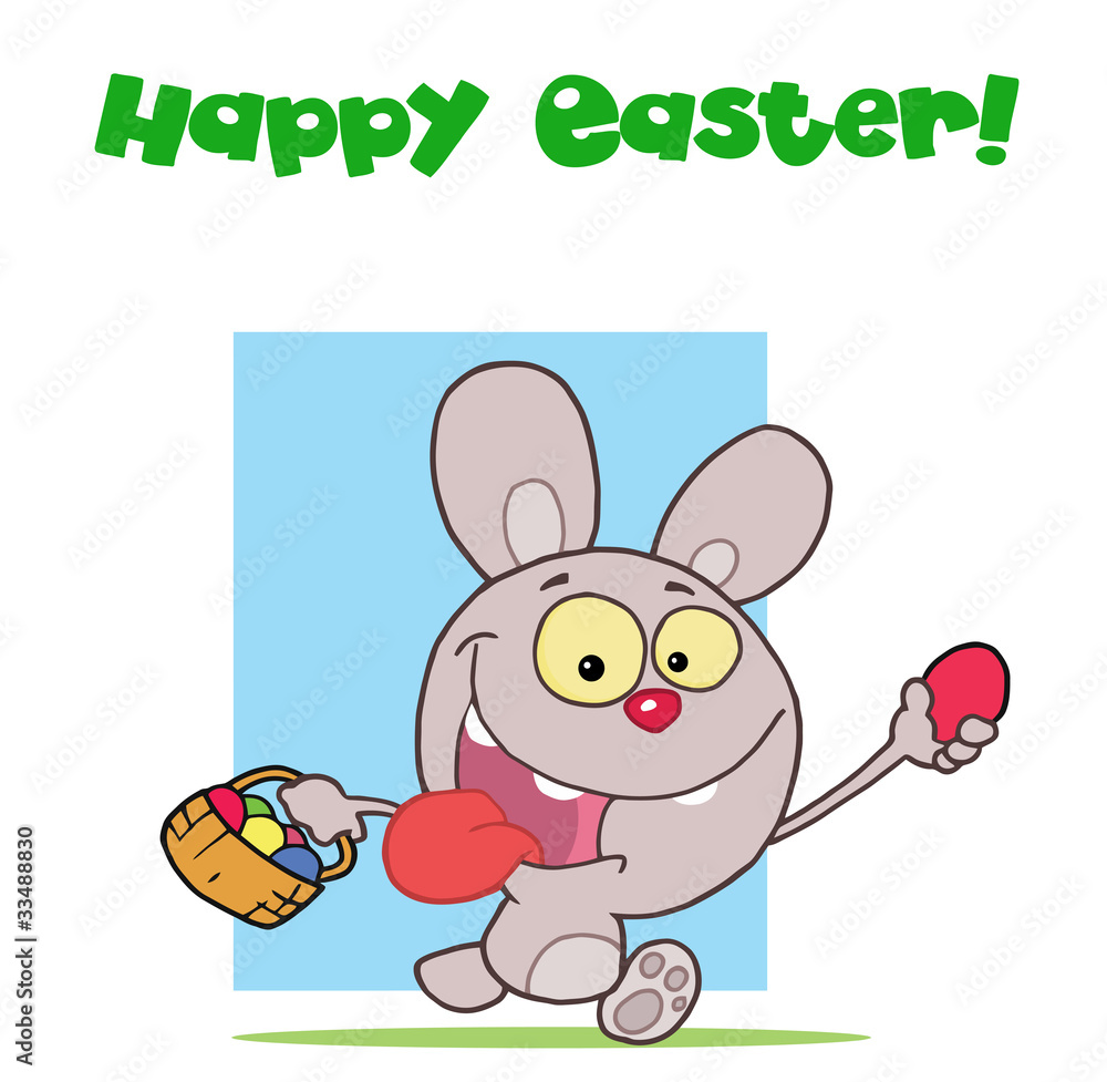 Happy Easter Greeting Above A Rabbit Running With Eggs Happy Easter Greeting Above A Rabbit Running With Eggs