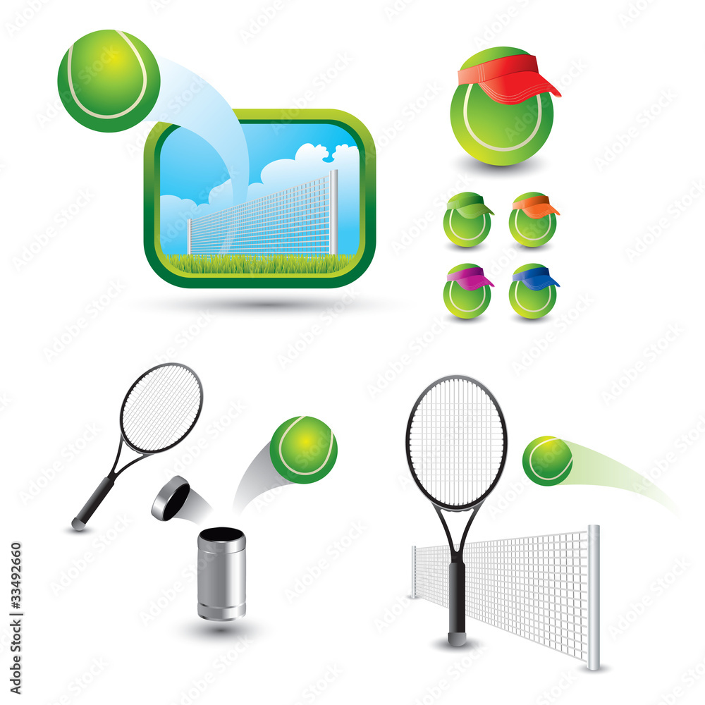 Tennis balls and rackets on various backgrounds