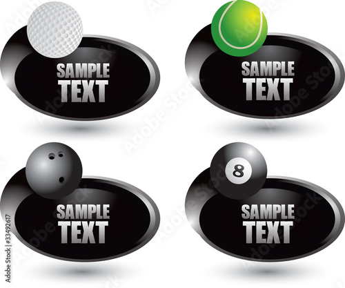 Golf, tennis, bowling, and eight balls on black swoosh banners