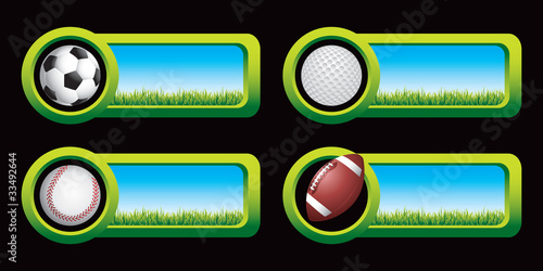 Soccer ball, baseball, golf ball, and football on banners