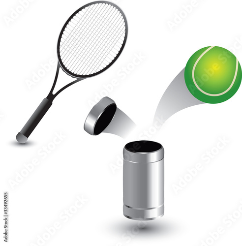 Racket and tennis ball coming out of tin can