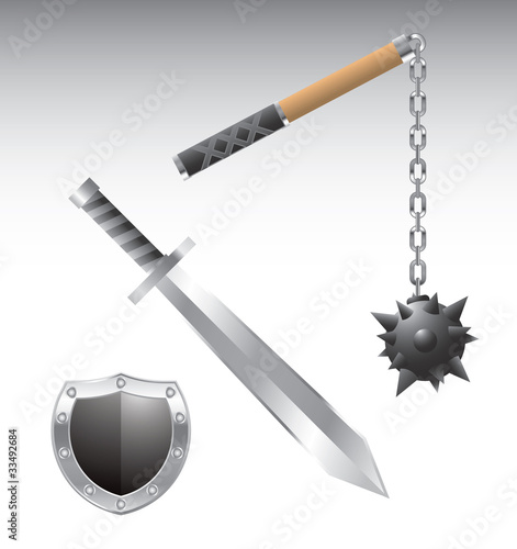 Isolated mace, sword, and shield