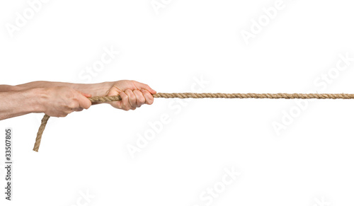 Bild auf Leinwand Hands pull a rope. Isolated white background