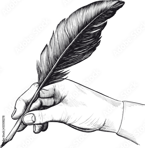 drawing of hand with a feather pen
