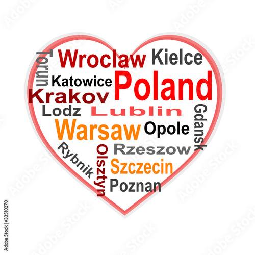 Poland Heart and words cloud with larger cities