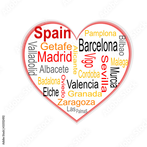 Spain Heart and words cloud with larger cities