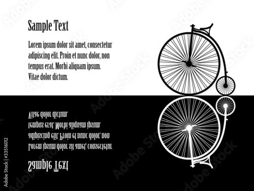 Illustration of velocipede (old  bicycle), black and white, refl photo