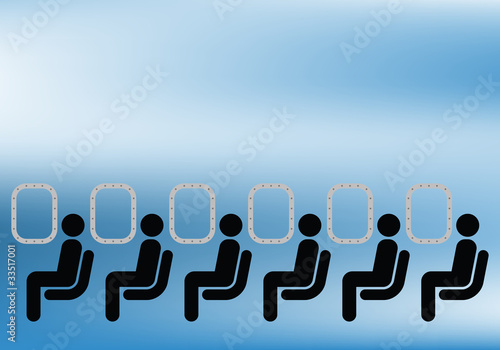Airline passengers seated on a plane against blue sky