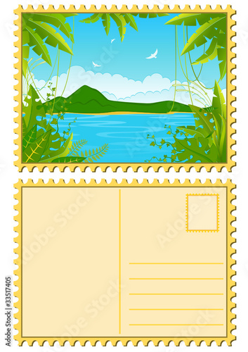 Beautiful Landscape with tropical plants. Vector blank Postcard