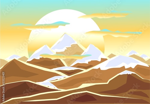 Landscape with  mounts in decorate style