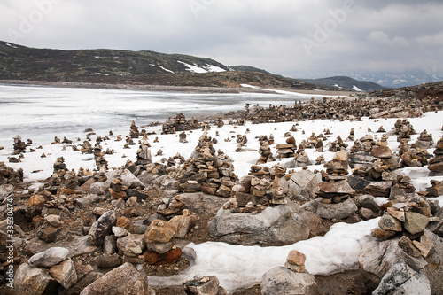snow, ice and rock piles are arranged