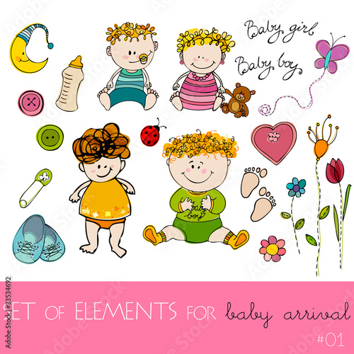 cute design elements for baby arrival card