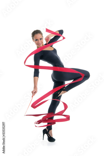 dancing woman with red ribbon © Andrey Zametalov