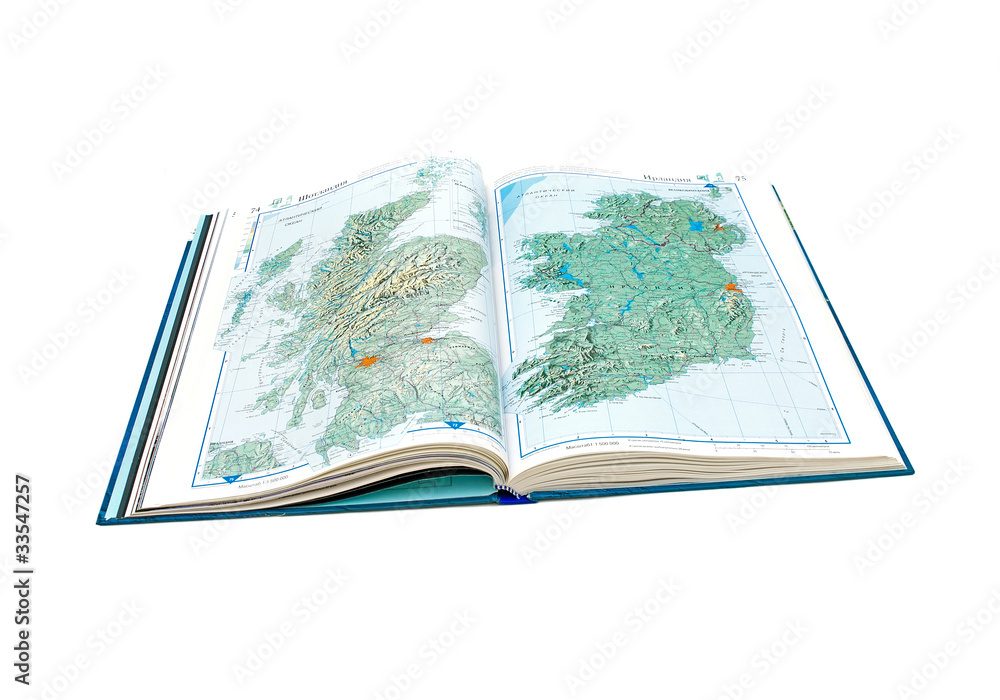 © evgenyi - World Atlas. open pages of Scotland and Ireland.