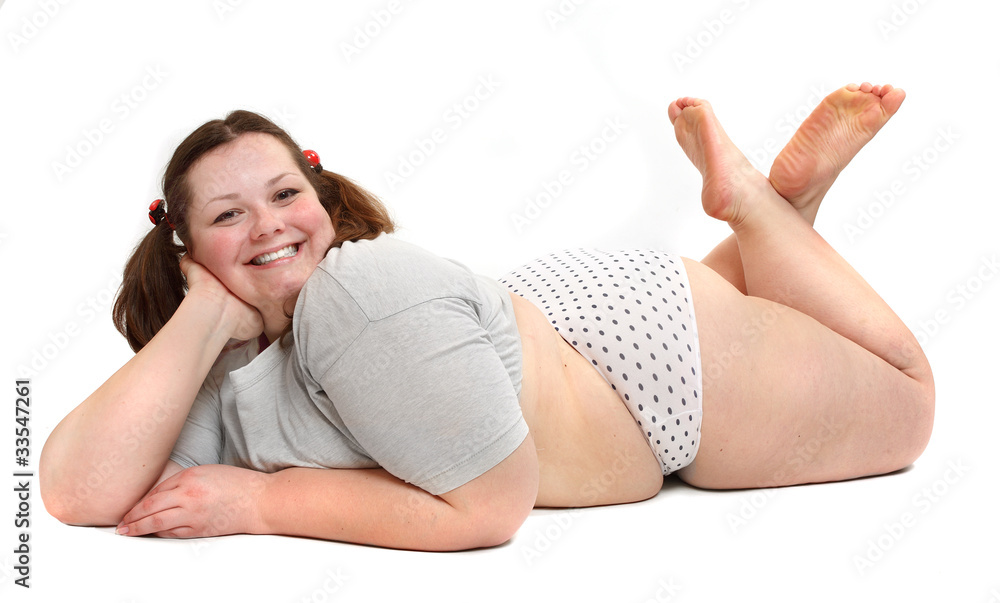 Happy overweight woman resting on a white background.
